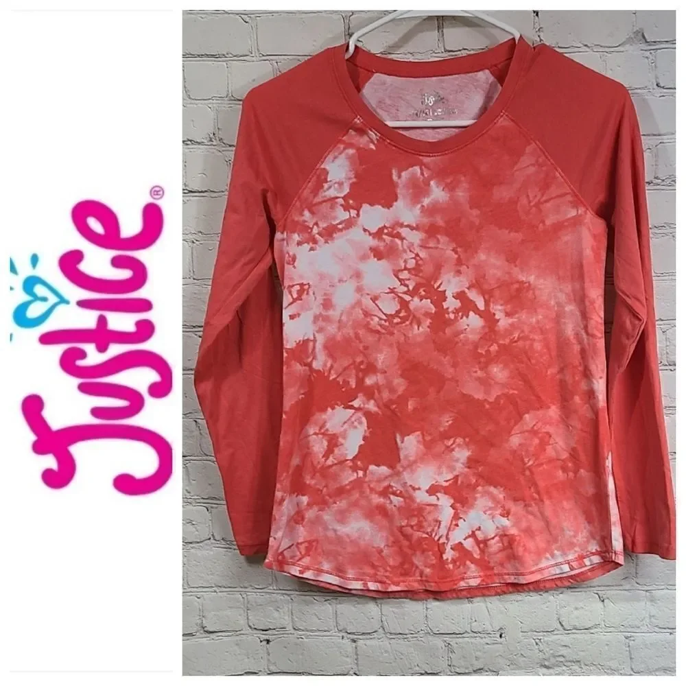 Justice Girls 14/16 Orange Tie Dye Sporty Raglan Long Sleeve Tee Knit Top Tshirt